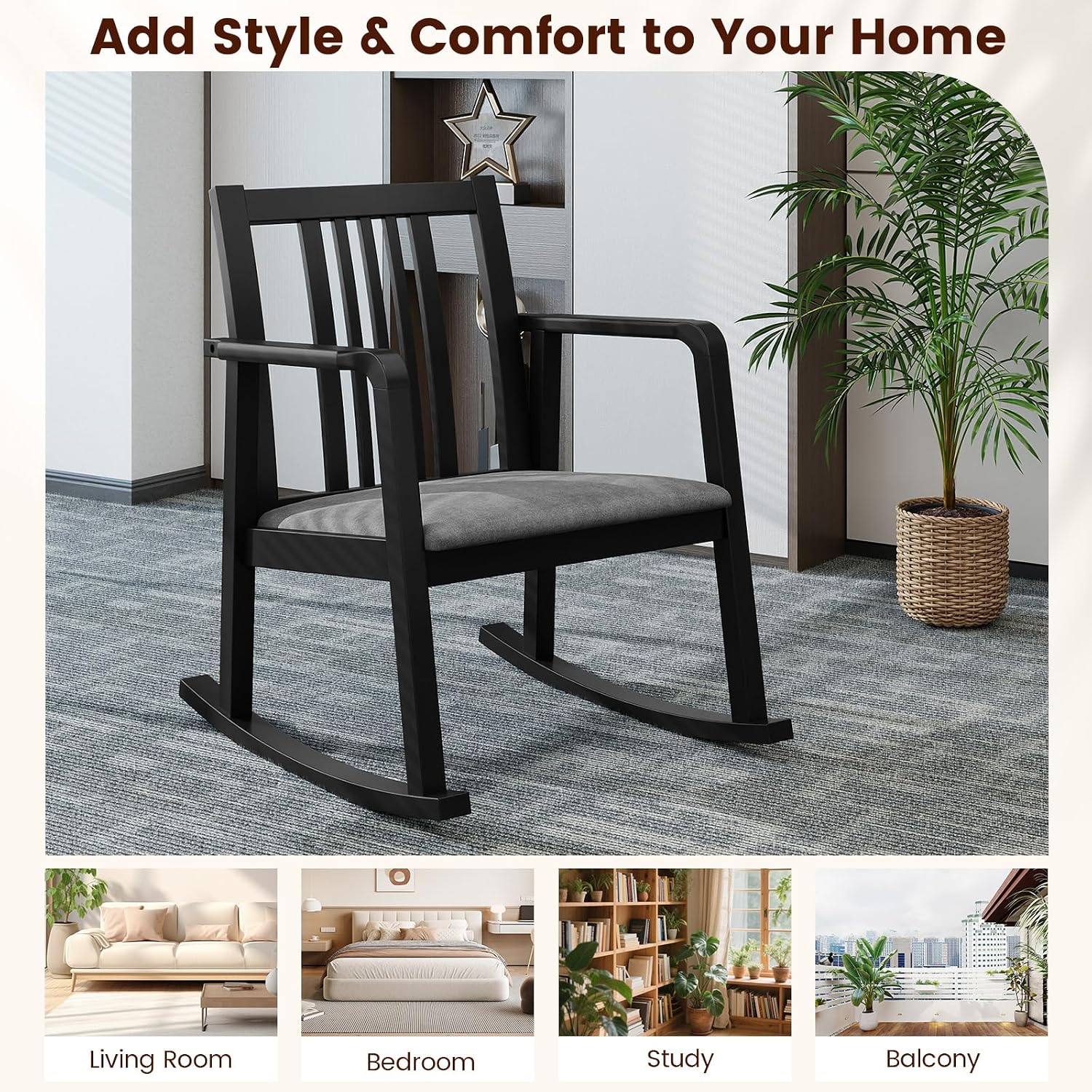 Giantex Rocking Chair with Cushioned Seat, Indoor Solid Rubber Wood Rocker Chair w/Slatted Back & Curved Armrests, Wooden Accent Armchair for Living Room, Bedroom, Study, Porch (2,Black + Gray)