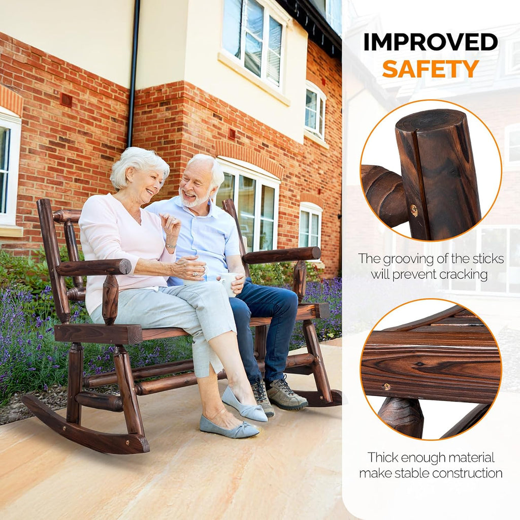 VINGLI Fir Wood Double Rocking Chair for Porch & Garden - 550lb Capacity Weather-Resistant Outdoor Glider Bench with High Backrest, Patio Rocker for Couples Backyard, Deck, Rustic