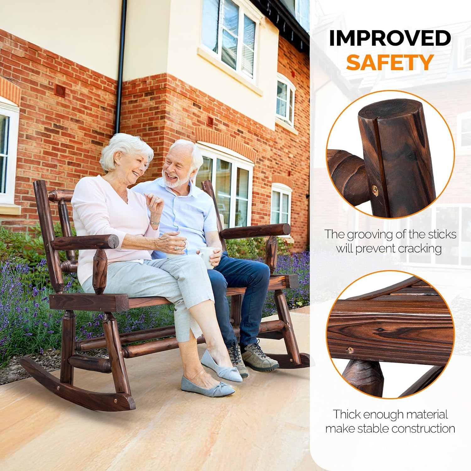 VINGLI Fir Wood Double Rocking Chair for Porch & Garden - 550lb Capacity Weather-Resistant Outdoor Glider Bench with High Backrest, Patio Rocker for Couples Backyard, Deck, Rustic