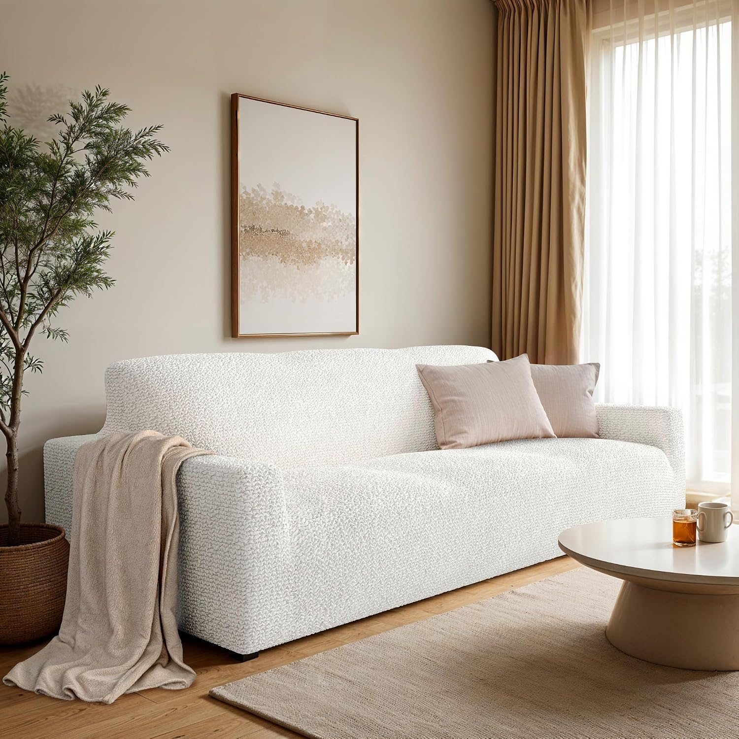 PAULATO BY GA.I.CO. Stretch Sofa Slipcover 1-Piece Elastic Couch Covers for 3-Seater & 4-Seater Sofa Loveseat Armchair Non-Slip Cover Machine Washable Protector – Crisp White (64'-85' Wide)