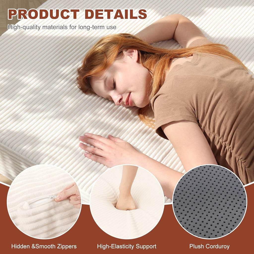 6-Inch Tri-Fold Foldable Mattress, Folding Sofa Bed with Removable Washable Cover, Portable Futon Mattress Full Size Floor Guest Mat with Non-Slip Bottom & Carry Handles for Camping (Beige, Queen)