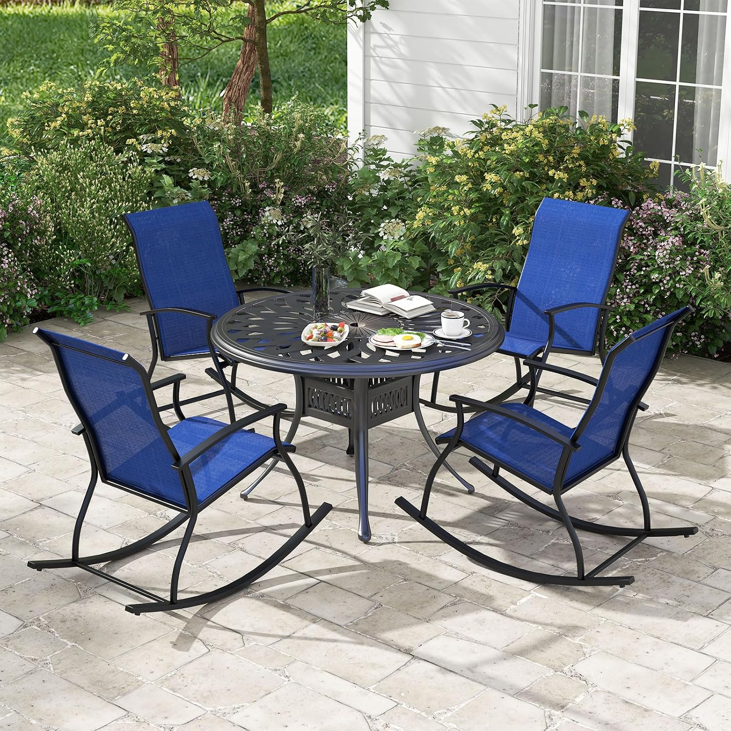 Tangkula Patio Rocking Chairs Set of 2, Outdoor Rocking Chair with Smooth & Safe Rocking Motion, Ergonomic Backrest, Breathable Fabric, All-Weather Outdoor Rocker for Backyard, Poolside (1, Navy)