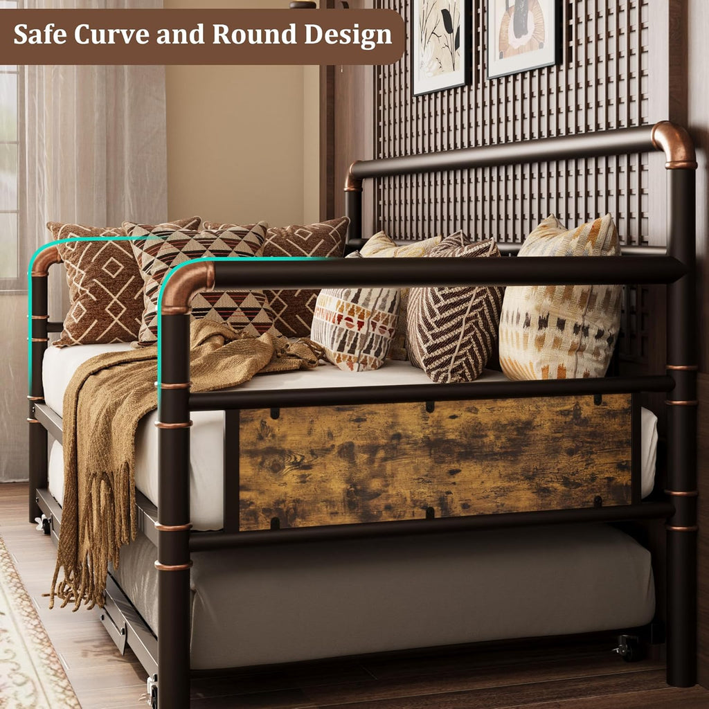 IDEALHOUSE Twin Daybed with Classic Headboard,Metal Twin Bed Frame Heavy Duty Steel Slats Support,Sofa BedFrame for Living Room, Guest RoomNoise Free, No Box Spring Needed, Brown