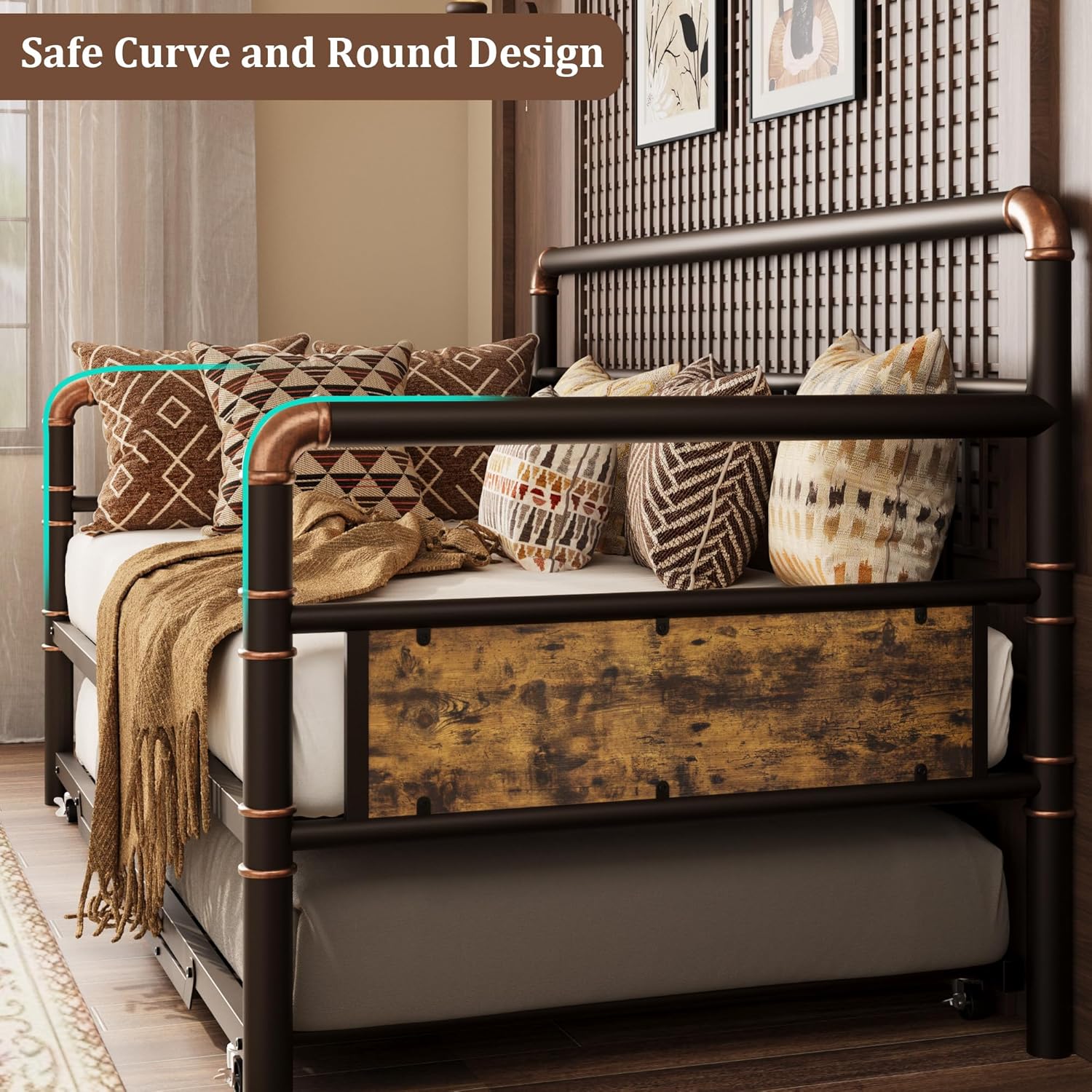 IDEALHOUSE Twin Daybed with Classic Headboard,Metal Twin Bed Frame Heavy Duty Steel Slats Support,Sofa BedFrame for Living Room, Guest RoomNoise Free, No Box Spring Needed, Brown