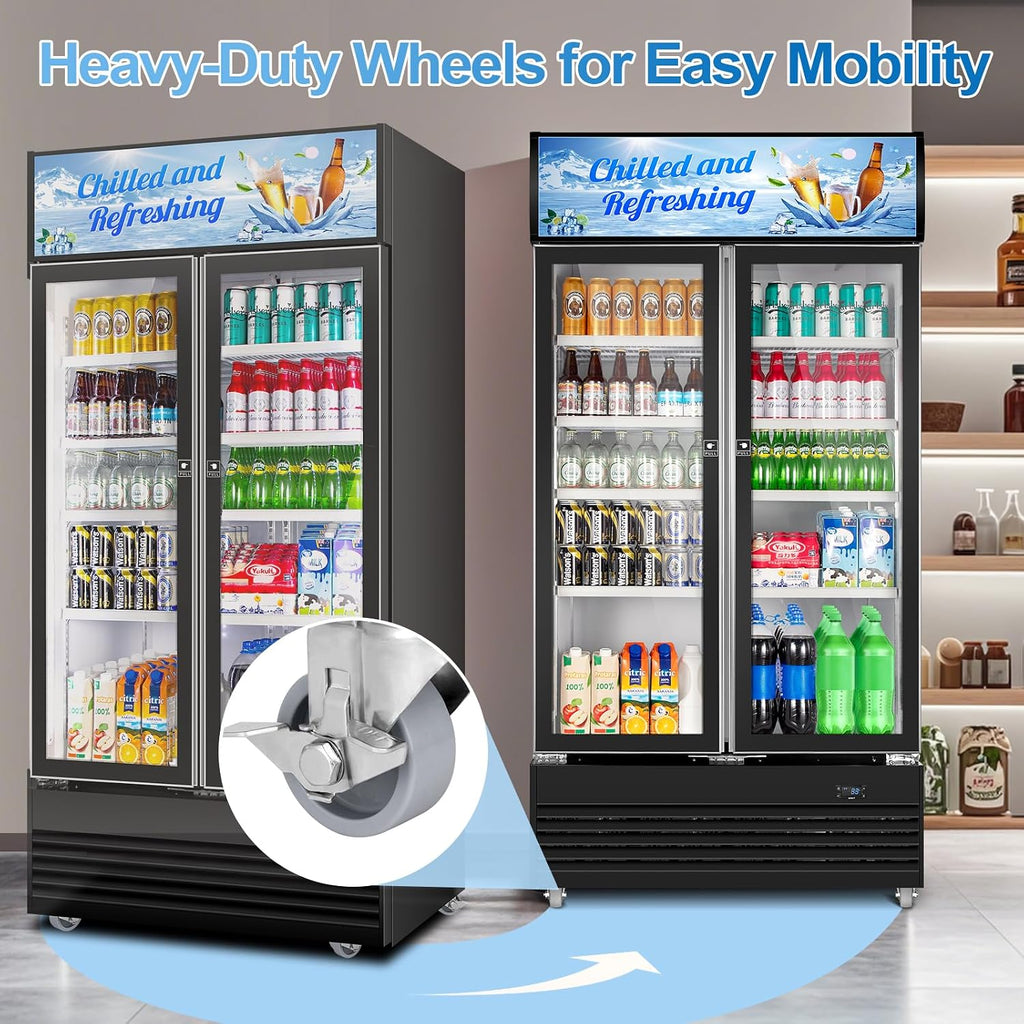 Tylza Commercial Refrigerator, Double Glass Door Display Beverage Fridge, 28.1 Cu Ft Upright Beverage Cooler Merchandiser with Replaceable Advertising Light Board, Rebound Door, Fast Cooling, Black