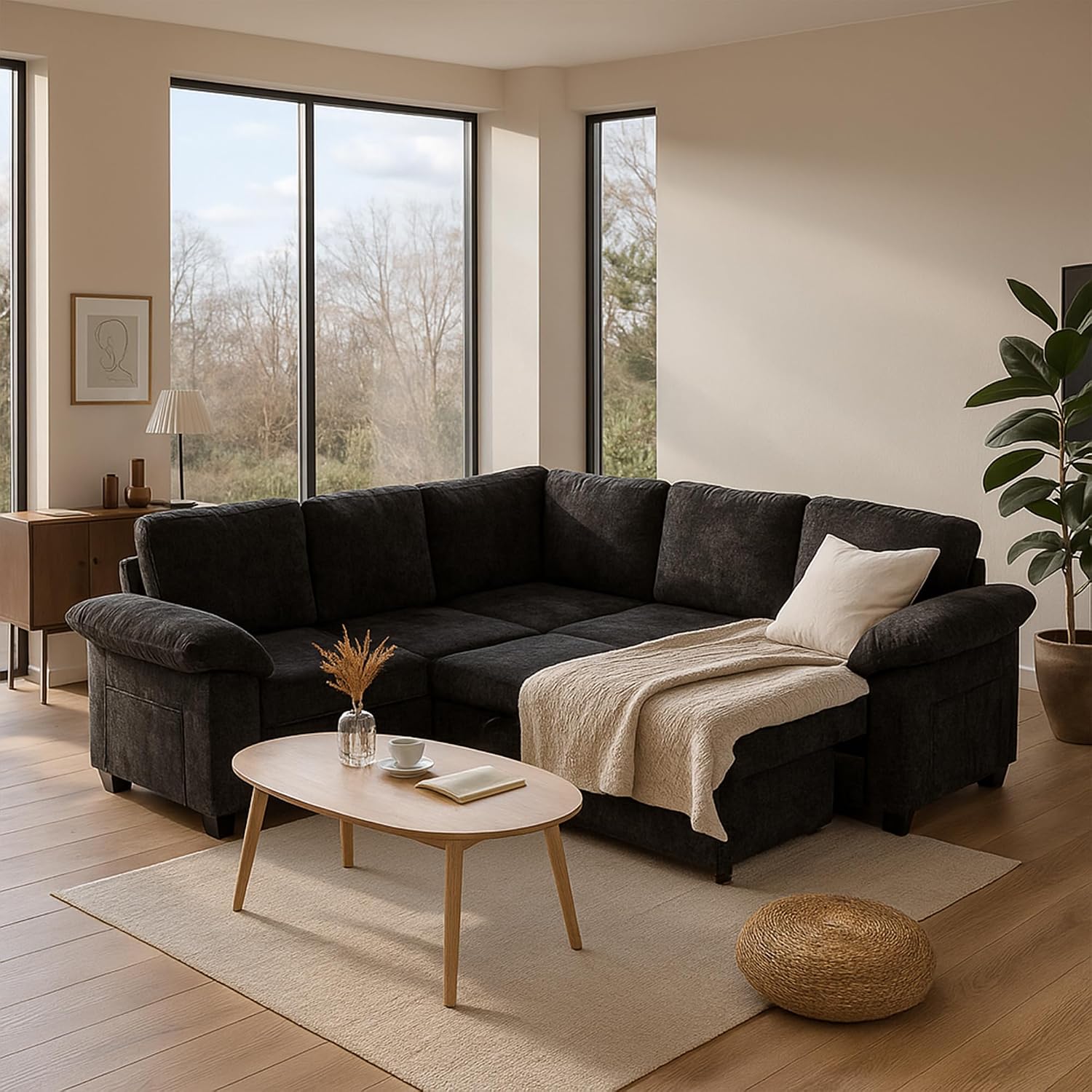 86 Inch Sectional Sleeper L Shaped Sofa with Pull Out Bed, Modular Sectional Sofa with Storage, Modern Chenille Cloud Couch, Sectional Couches for Living Room, Black
