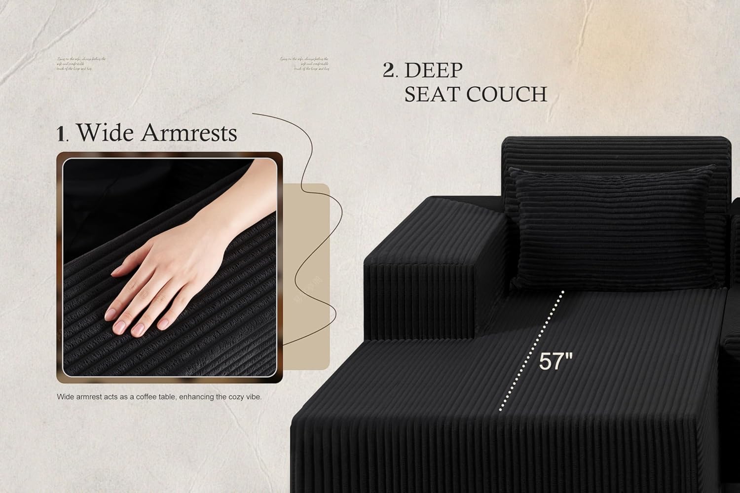 HABUTWAY Sectional Couches for Living Room,No Assembly L Shaped Couch 105' Modular Sectional Sofa Couch with Deep Seat,Cloud Couches Furniture Sets for Apartment,Corduroy (Black, Left Facing)