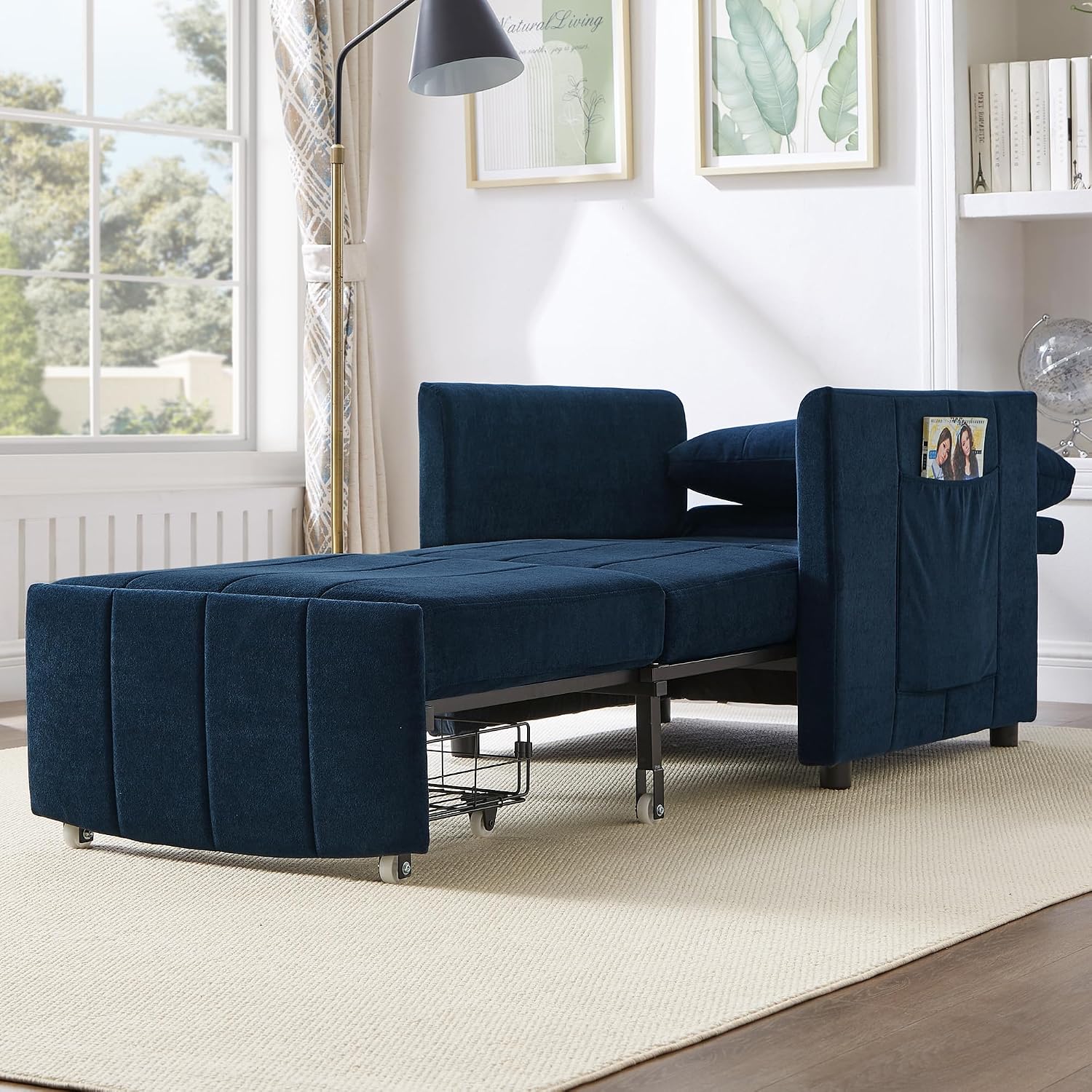 Merax Convertible Chair Bed with a Storage Basket, 3-in-1 Pull Out Sleeper Couch with 5-Position Adjustable Backrest, Linen Folding Sofa Bed for Living Room, Apartment Blue