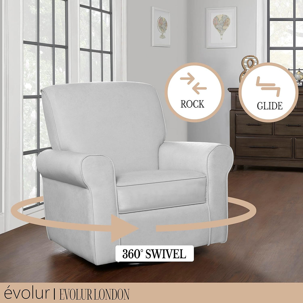 Evolur London Upholstered Plush Seating Glider Swivel, Ergonomically Designed for Nursery in Misty Grey, Tool-Free Assembly, Easy to Clean, Greenguard Gold Certified, Environmentally Conscious Glider