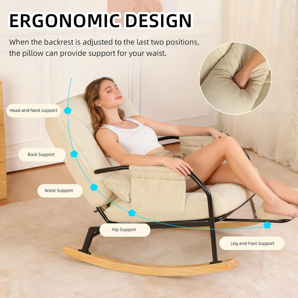 Oversized Rocking Chair, Extra-Wide Glider Patio Rocker Chairs with Foot Rest, Padded Cushion, Adjustable Backrest, Mental Wooden Farm, Indoor/Outdoor Living Room Bedroom Balcony Porch, Beige