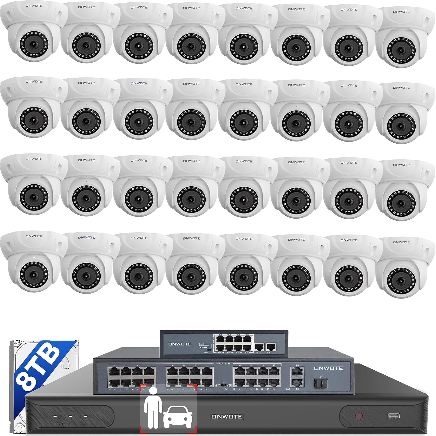 ONWOTE 32 Channel Security Camera System, AcuSearch, AI Human Vehicle Detection, 32x 5MP Audio PoE IP Cameras, 32CH 6K 12MP 4K Commercial NVR 8TB, 4 HDD Ports Support 40TB, Business CCTV Surveillance
