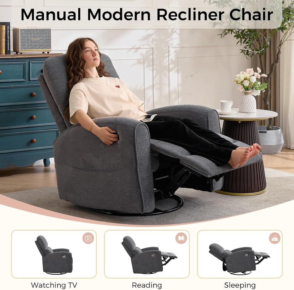 Swivel Rocker Recliner, Manual Swivel Glider Recliner Chair with Adjustable Headrest and Lumbar Support, Upholstered Rocking Recling Chairs for Adults Nursery, Living Room, Bedroom, Dark Grey