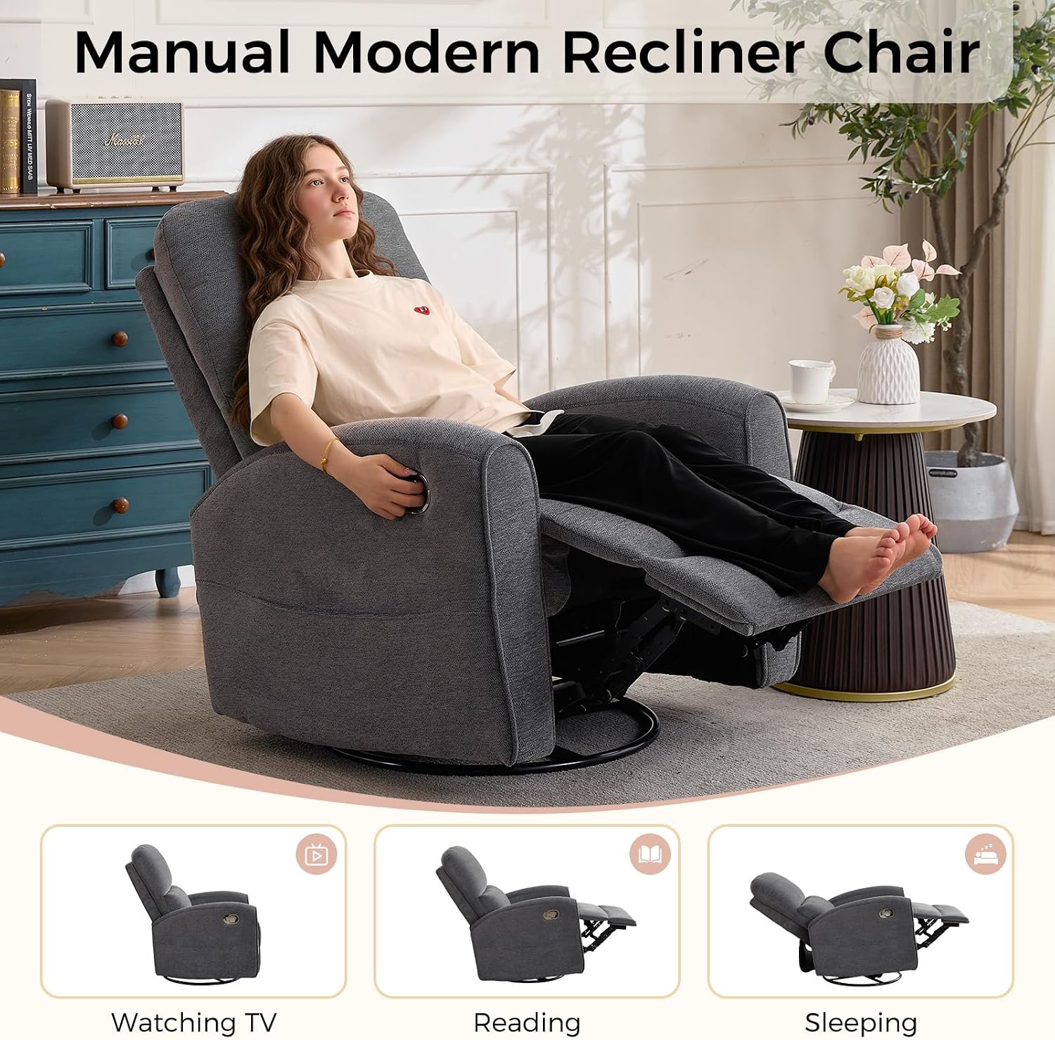 Swivel Rocker Recliner, Manual Swivel Glider Recliner Chair with Adjustable Headrest and Lumbar Support, Upholstered Rocking Recling Chairs for Adults Nursery, Living Room, Bedroom, Dark Grey