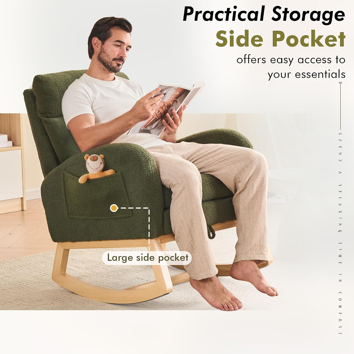 FOXHUNTER Rocking Chair for Nursery with High Backrest & Foot Rest-Nursery Rocking Chairs with Side Storage Pocket for Breastfeeding,Modern Glider Chair for Baby Bedroom,Living Room,Teddy Green