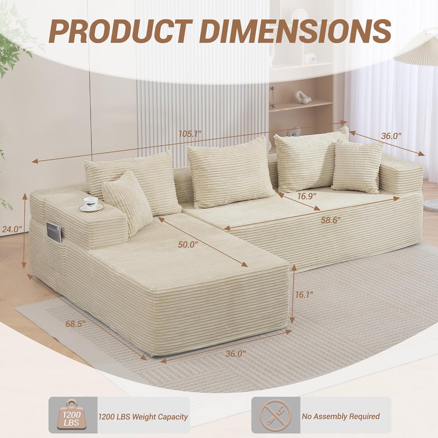 105'' Modular L-Shaped Boneless Sectional, Corduroy Deep Seat Cloud Sectional Couch, Small Space Sofa for Apartment Living Room Bedroom, No Assembly, Beige