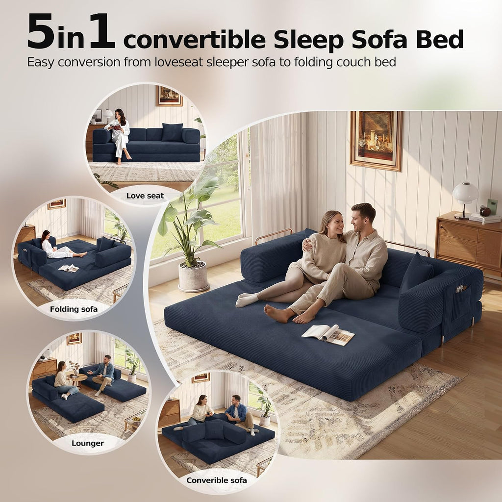 MoonSpeak 78.8''Sleeper Couch Bed for Livingroom,Convertible Modular Sofa with Armrest Pillow,Modular Foldable Corduroy Couches in a Box,No Assembly (Blue)
