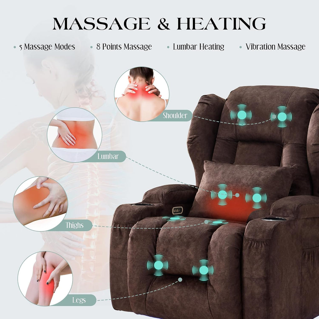 TUNYI Power Recliner Chair - Velvet Home Theater Seating Glider Reclining Sofa with Massage & Heat Swivel Rocker Recliner Chair for Living Room with LED Light/USB Port/Lumbar Pillow (Brown)