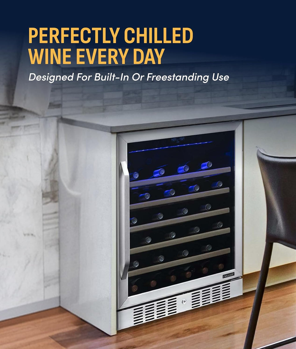 NewAir 24' Wine Fridge for 52 Bottles | Built-In or Freestanding Wine Cooler Refrigerator with Glass Door | Precision Cooling, Slide-Out Shelves & Quiet Compressor System | Stainless Steel