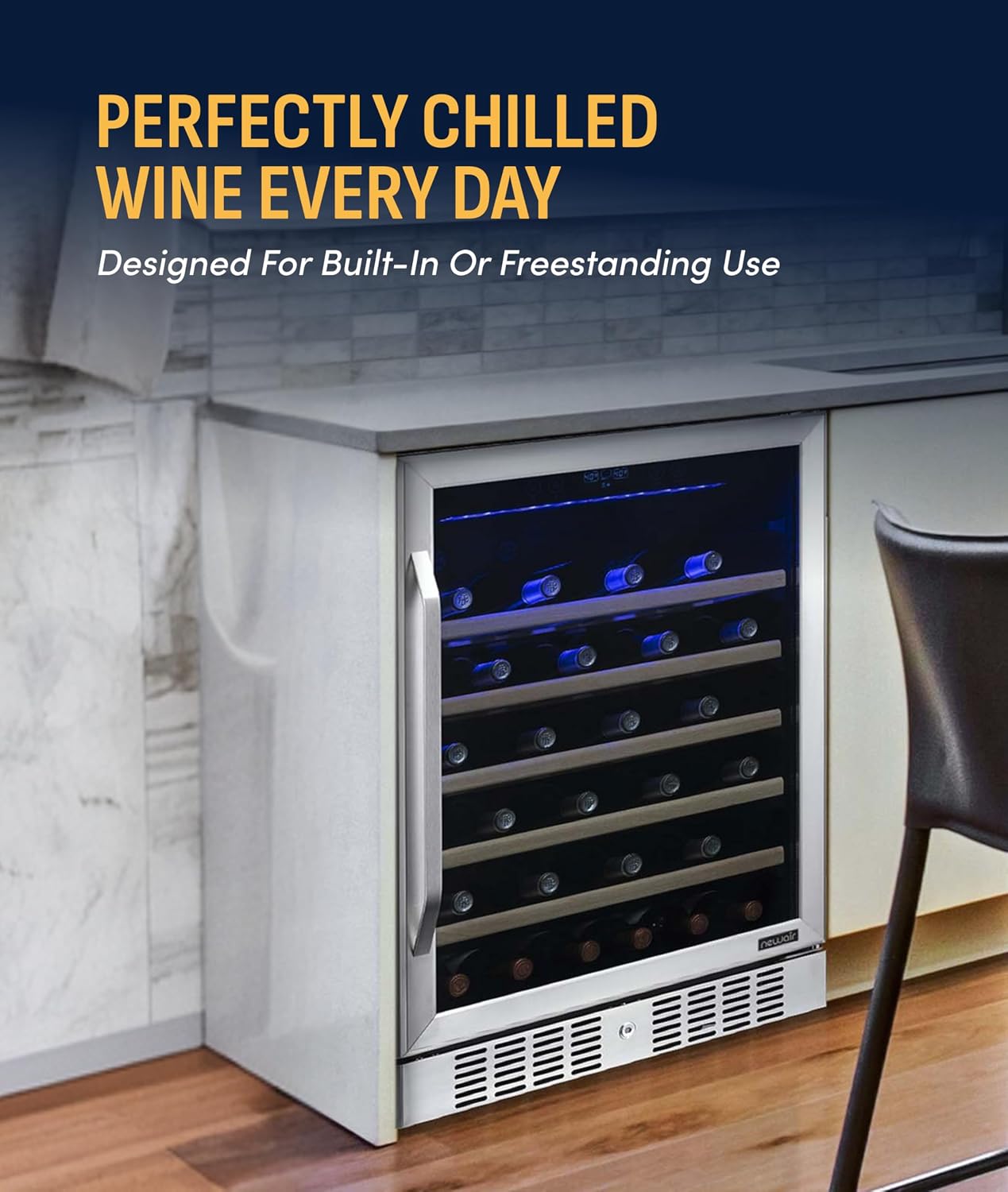 NewAir 24' Wine Fridge for 52 Bottles | Built-In or Freestanding Wine Cooler Refrigerator with Glass Door | Precision Cooling, Slide-Out Shelves & Quiet Compressor System | Stainless Steel