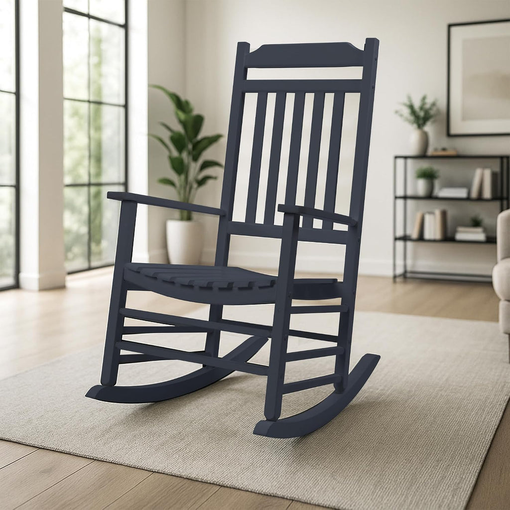 Kozyard Wooden Rocking Chair, Solid Wood Outdoor Rocker Chair with High Back & Slatted Seat, Ergonomic Porch Rocking Chair for Patio, Balcony, Garden, Indoor Outdoor Use (Gray)