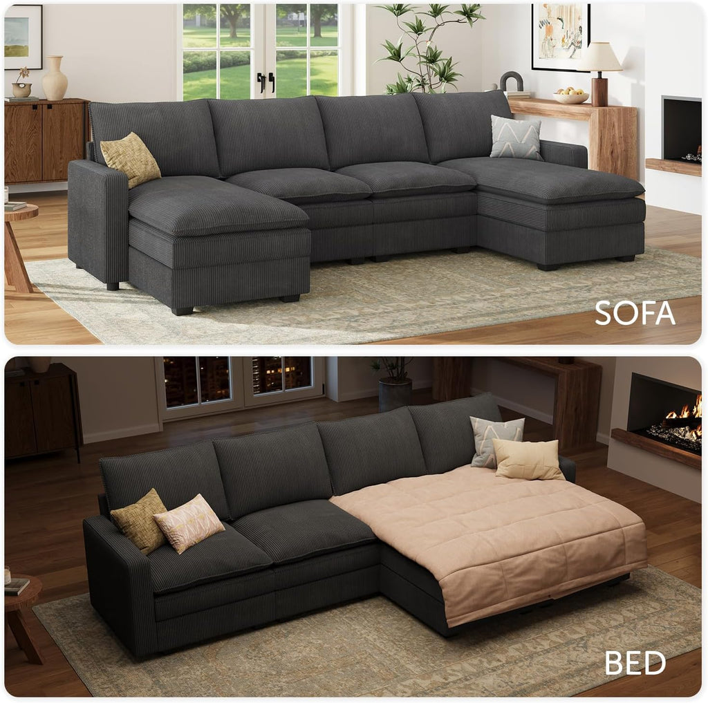 HONBAY 127.2 Inch Corduroy Cloud Modular Sectional Sofa with Chaise, Deep Seat U-Shaped Couch with Storage for Living Room, Apartment, Small Space,Dark Grey