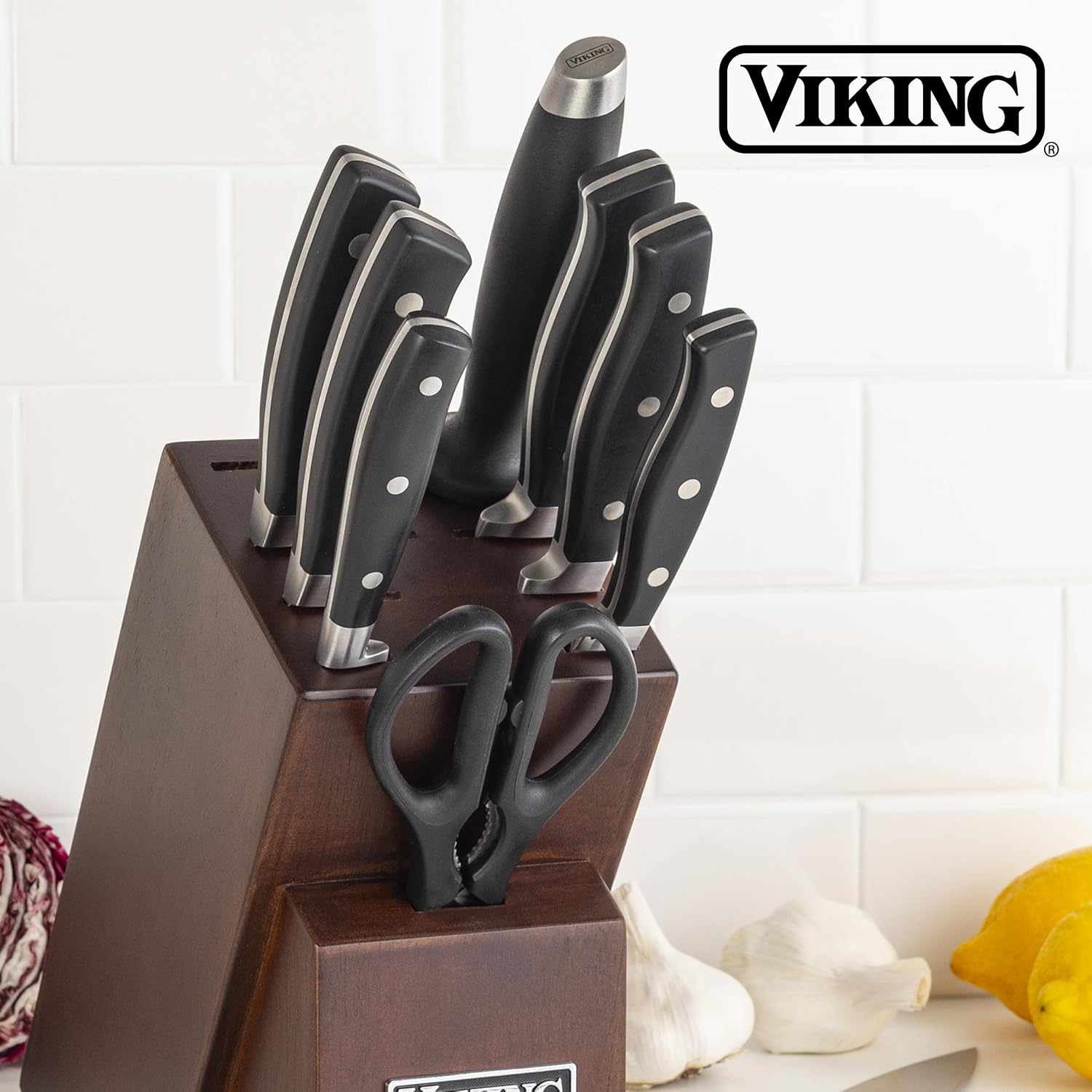 Viking Kitchen Knives Set, 10 Piece Full Forged Cutlery Set with Walnut Knife Block, Stainless Steel Blades and Ergonomic Handles, Dishwasher Safe