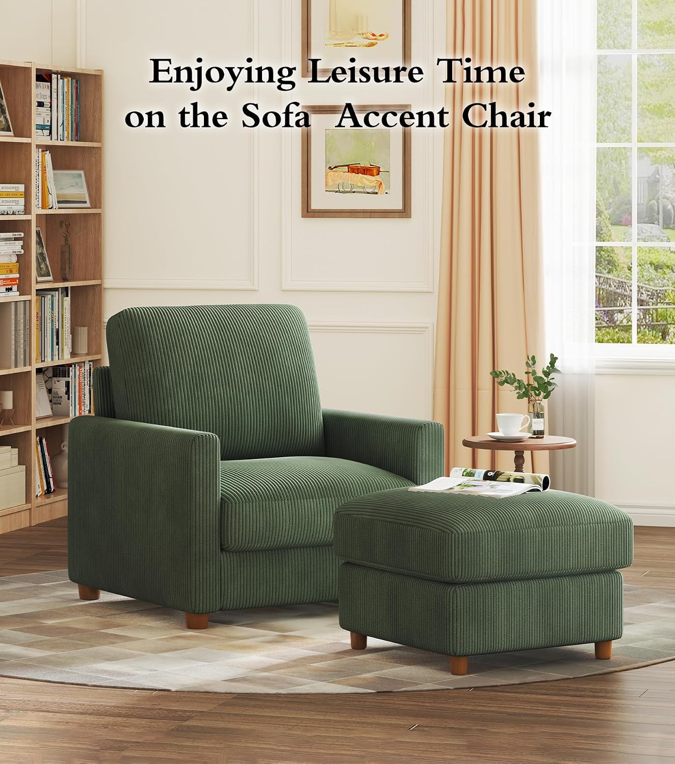 Kidirect 35.5in Corduroy Sofa Accent Chair, Tool-Free Setup Living Room Couch Accent Chairs, Reading Chair for Bedroom 22.5in Extra Deep Seats, Comfy Arm Chairs for Office, All-Wood Reading Nook Green