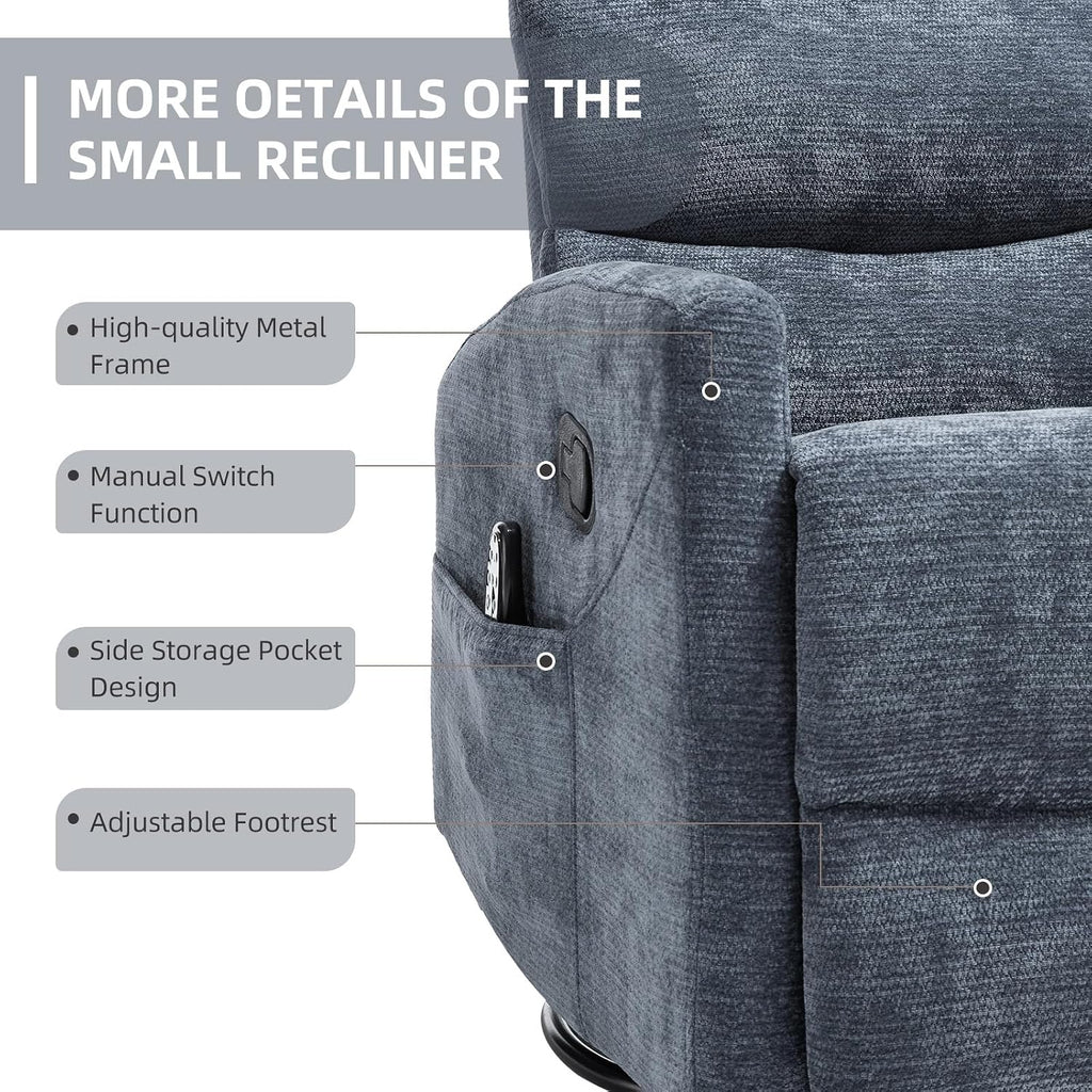 PELUMY 360° Swivel Rocker Recliner with Heat & Vibration Massage, Glider Rocking Chair for Adults, Compact Recliner for Living Room, Small Spaces, Nursery, Bedroom (Chenille, Blue)