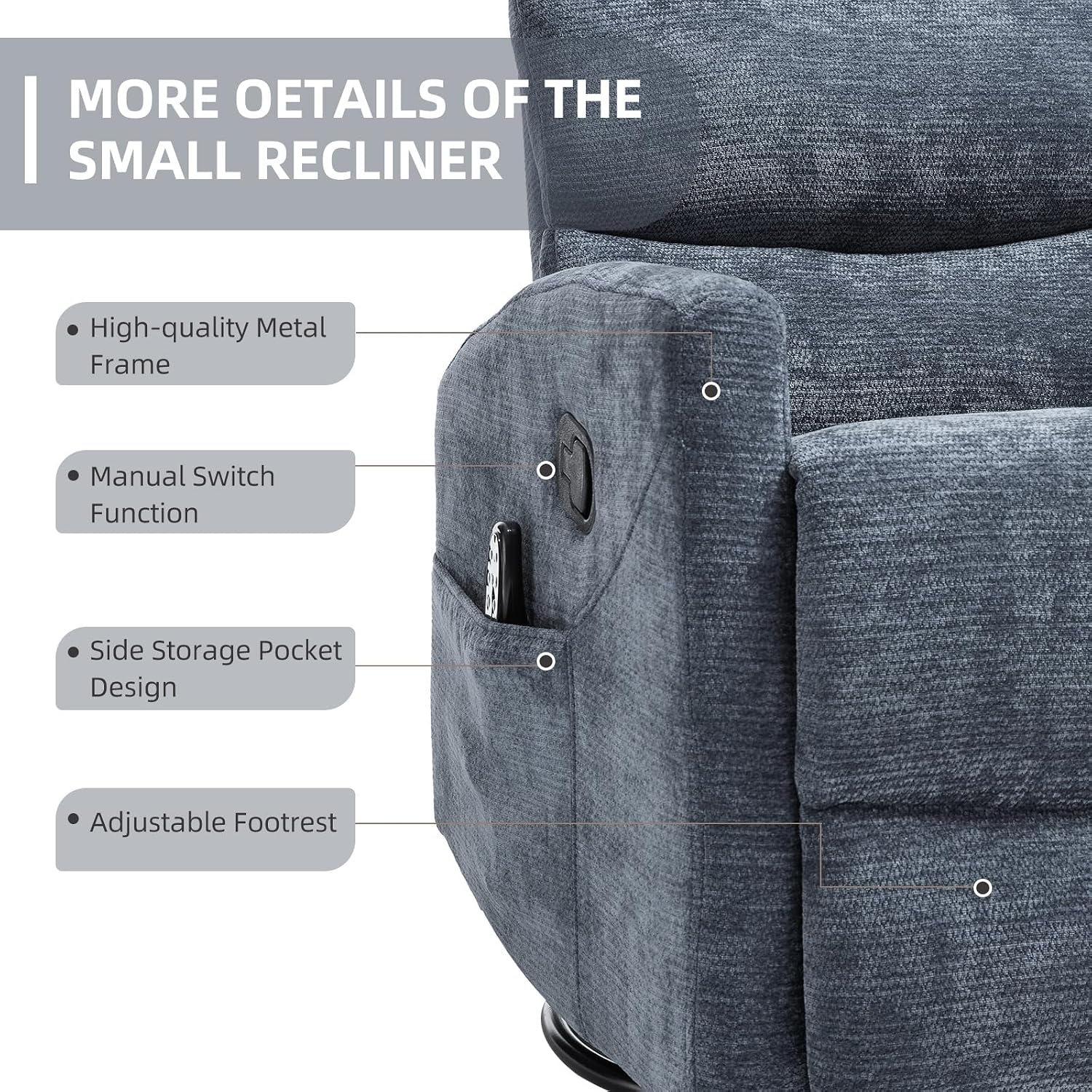 PELUMY 360° Swivel Rocker Recliner with Heat & Vibration Massage, Glider Rocking Chair for Adults, Compact Recliner for Living Room, Small Spaces, Nursery, Bedroom (Chenille, Blue)