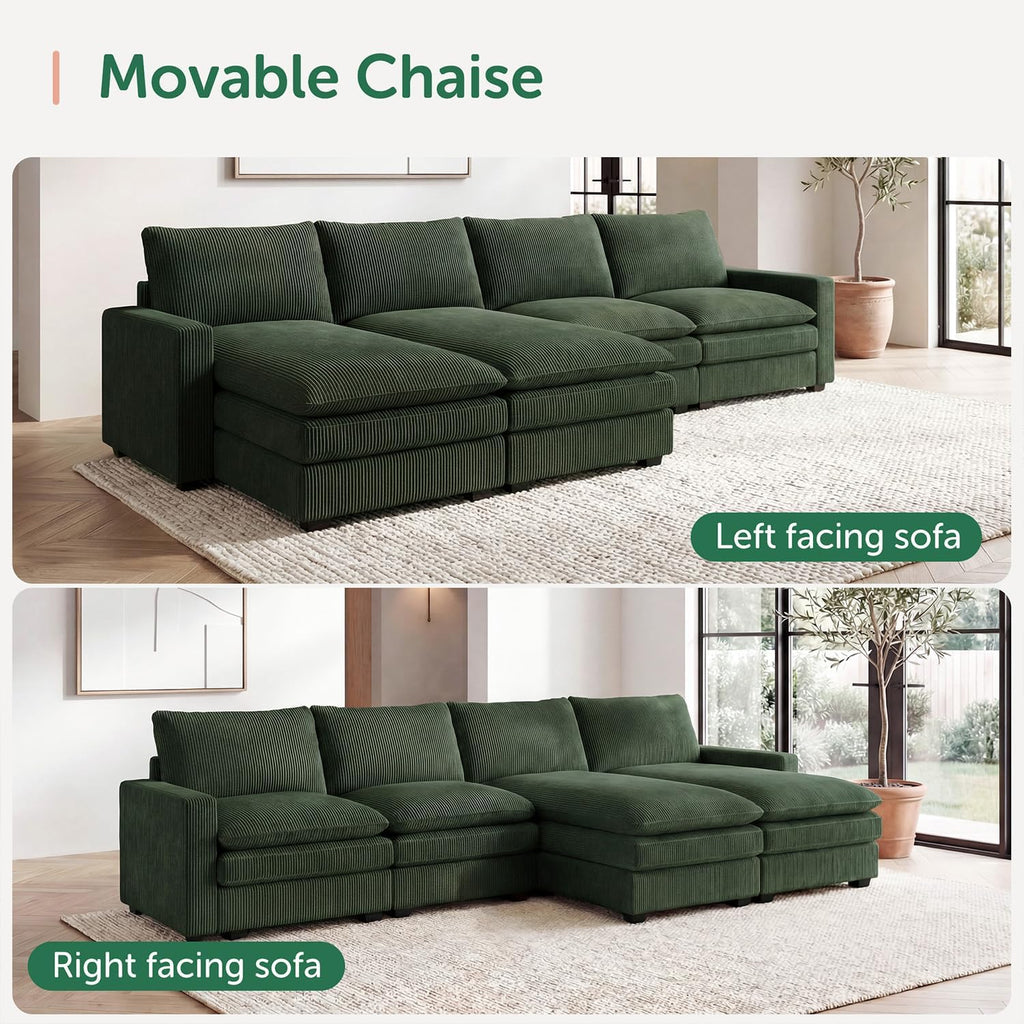 HONBAY 127.2 Inch Corduroy Cloud Modular Sectional Sofa with Chaise, Deep Seat U-Shaped Couch with Storage for Living Room, Apartment, Small Space,Green