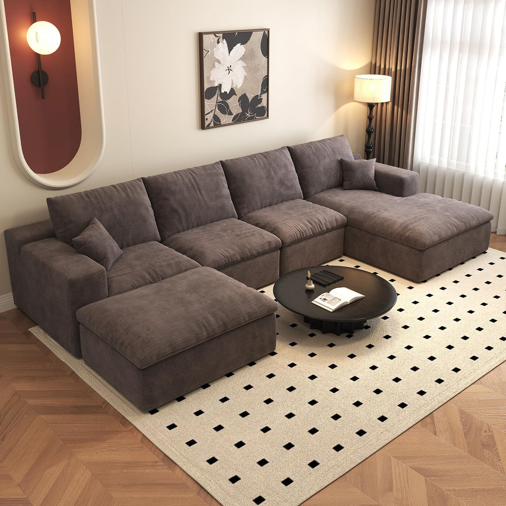 136.6'' U-Shaped Modern Modular Sectional Cloud Couch Whit Ottoman, 4-Seat Chenille Deep-Seat Sofa with Pillow for Living Room, Bedroom, Apartment, Camel