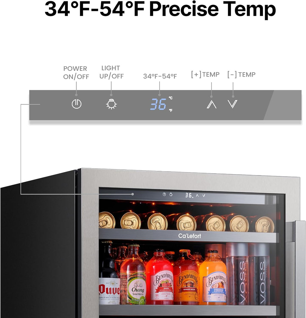 Ca'Lefort 24 Inch Beverage Refrigerator, 180 Can 34°F -54°F Beverage Fridges, Drink Fridge with Glass Door 3 LED Beverage Coolers Built in or Freestanding, Perfect for Home/Kitchen(Left-Hinged)