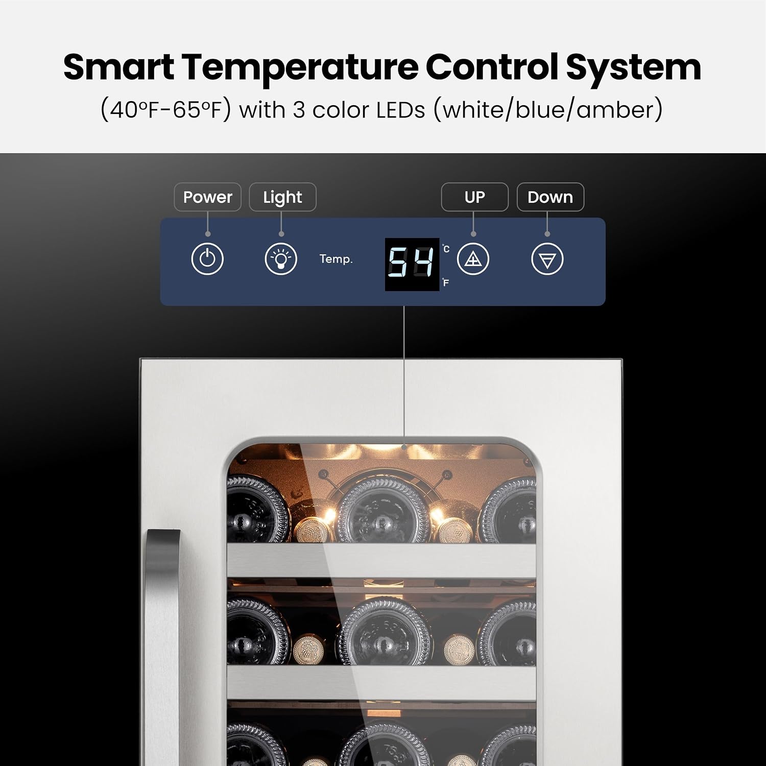 15 inch Wine Fridge Cooler 33 Bottles Wine Refrigerator Under Counter with Glass Door 3 LED Built-in or Freestanding Fridge Adjustable Shelves for Home Bar Kitchen 3.0 cu.ft