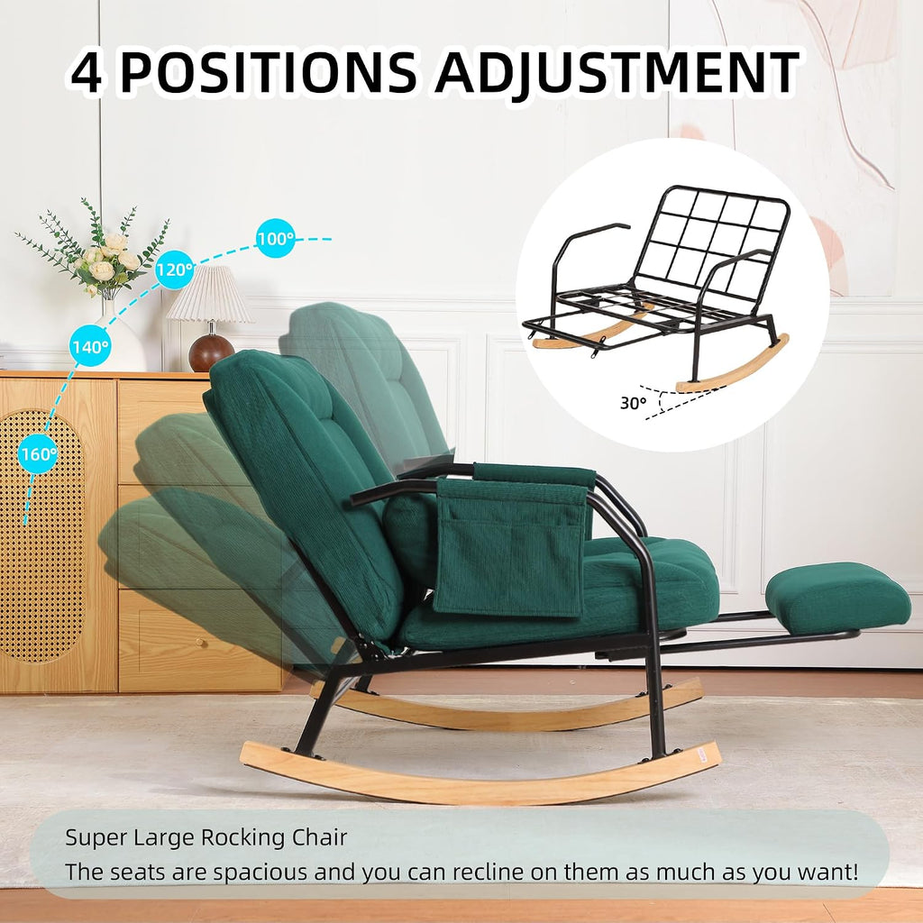 Oversized Rocking Chair, Extra-Wide Glider Patio Rocker Chairs with Foot Rest, Padded Cushion, Adjustable Backrest, Mental Wooden Farm, Indoor/Outdoor Living Room Bedroom Balcony Porch, Green