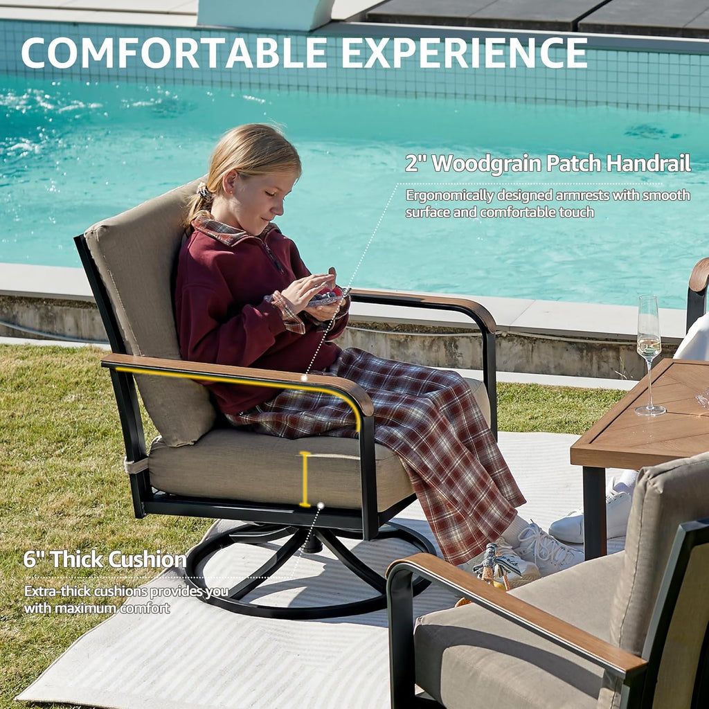 NATURAL EXPRESSIONS 5 Piece Patio Furniture Set,Outdoor Conversation with 4 Pieces Swivel Rocking Chairs,28' Double-Deck Wooden Grain Finish Metal Table, 6' Olefin Cushions for Yard,Porch (Shale)