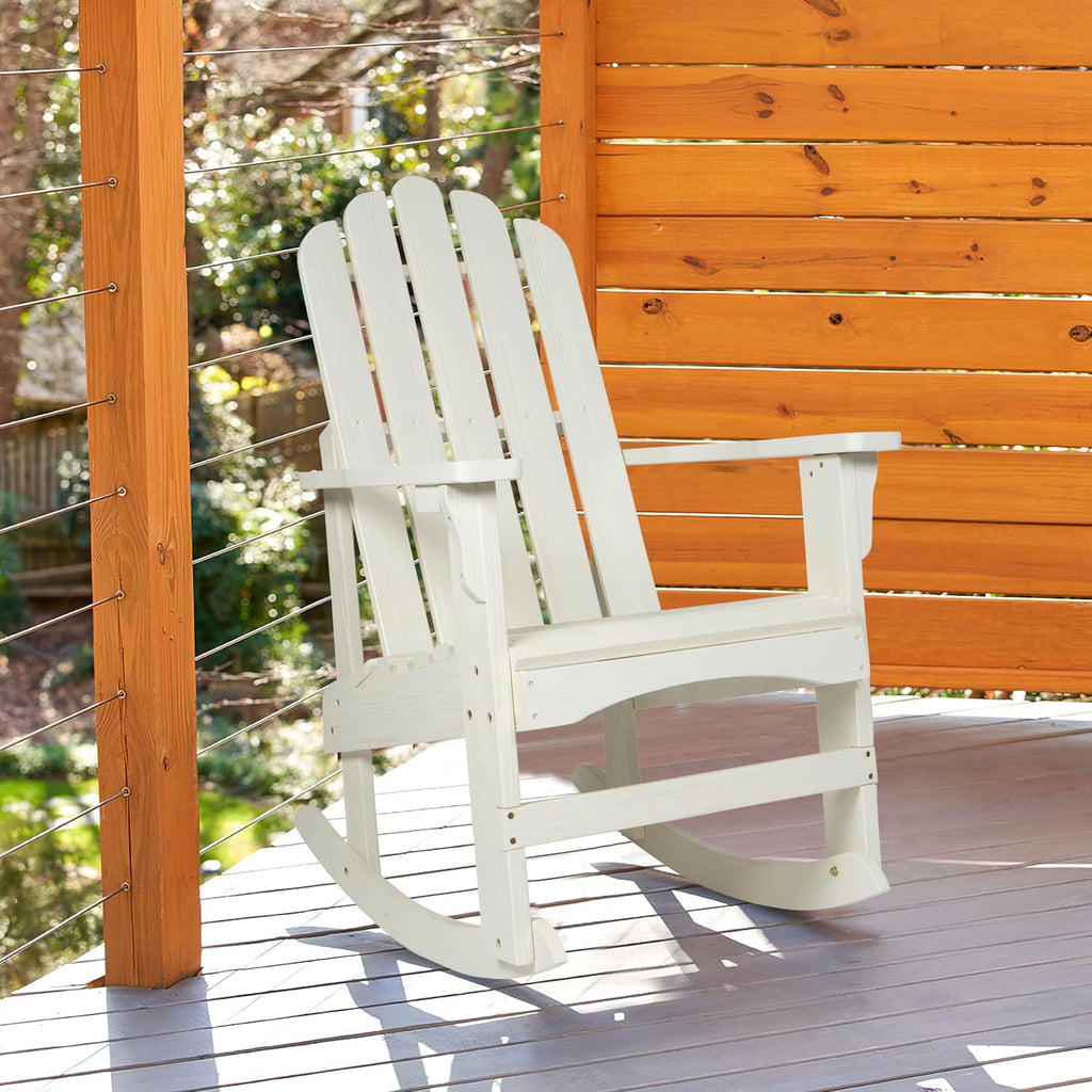 Shine Company Marina Adirondack Porch Rocker, Indoor Outdoor Wood Rocking Chair, Eggshell White