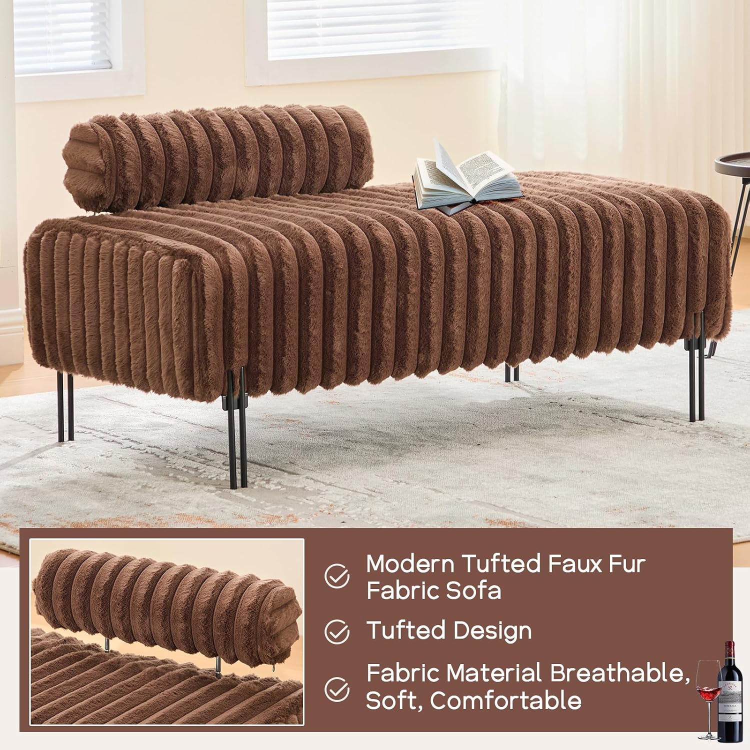NIOIIKIT 49.6' Modern Loveseat Sofa Couch, Upholstered Accent Sofa with Golden Legs and Adjustable Backrest, Small Faux Fur Couches for Bedroom, Living Room, Compact Small Space (Brown)