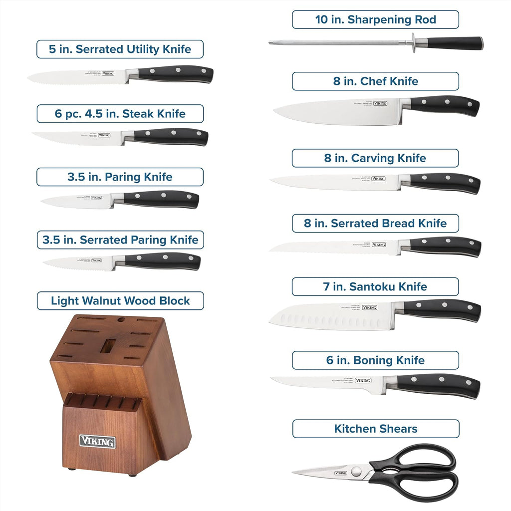 Viking 17 Piece Kitchen Knife Set with Light Walnut Block, Cutlery Set with Stainless Steel Blades and Ergonomic Handles, Dishwasher Safe