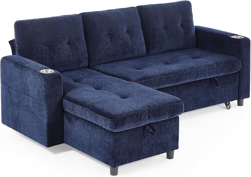 ONBRILL Sleeper Sofa,Pull Out Couch Bed with Storage Chaise,L Shaped Cloud Couch with Adjustable Backrest,Sectional Couches for Living Room,Apartment,Tool-Free Assembly, Chenille,Blue