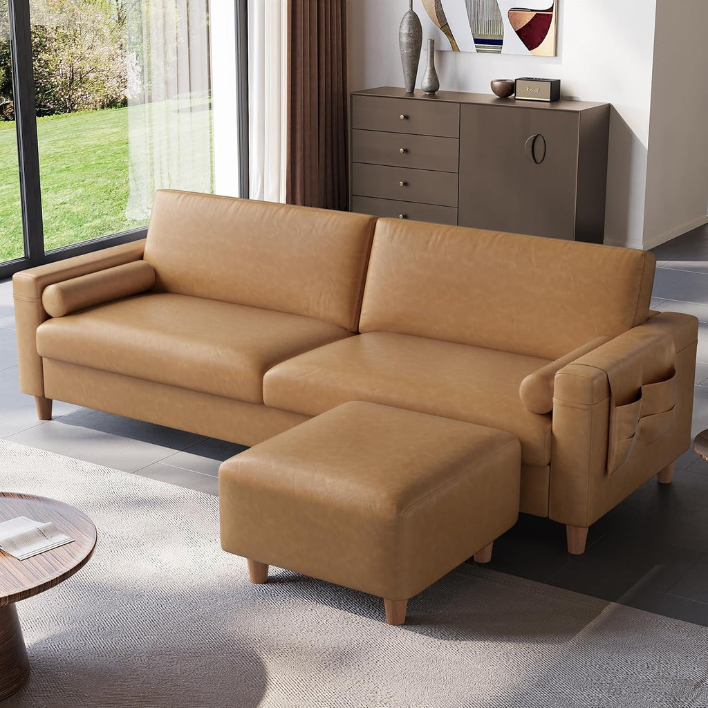 Vesgantti 100' Faux Leather Sofa with Movable Ottoman, Large 2 Seater L Shaped PU Leather Couch with Side Pocket, Comfy Mid Century Modern Modular Sectional Sofa for Living Room, Apartment, Camel