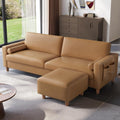 Vesgantti 100' Faux Leather Sofa with Movable Ottoman, Wide Seating L Shaped PU Leather Couch with Side Pocket, Comfy Mid Century Modern Modular Sectional Sofa for Living Room, Office, Camel