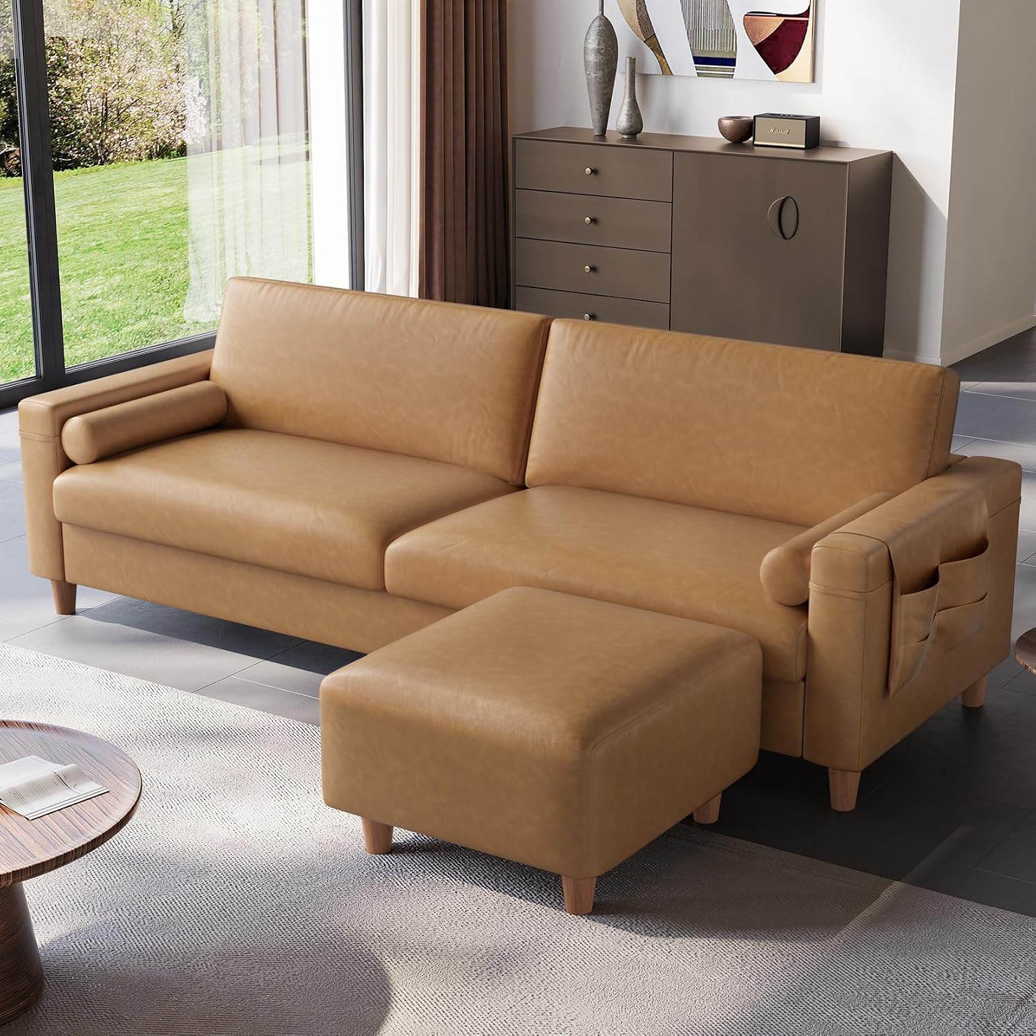 Vesgantti 100' Faux Leather Sofa with Movable Ottoman, Wide Seating L Shaped PU Leather Couch with Side Pocket, Comfy Mid Century Modern Modular Sectional Sofa for Living Room, Office, Camel