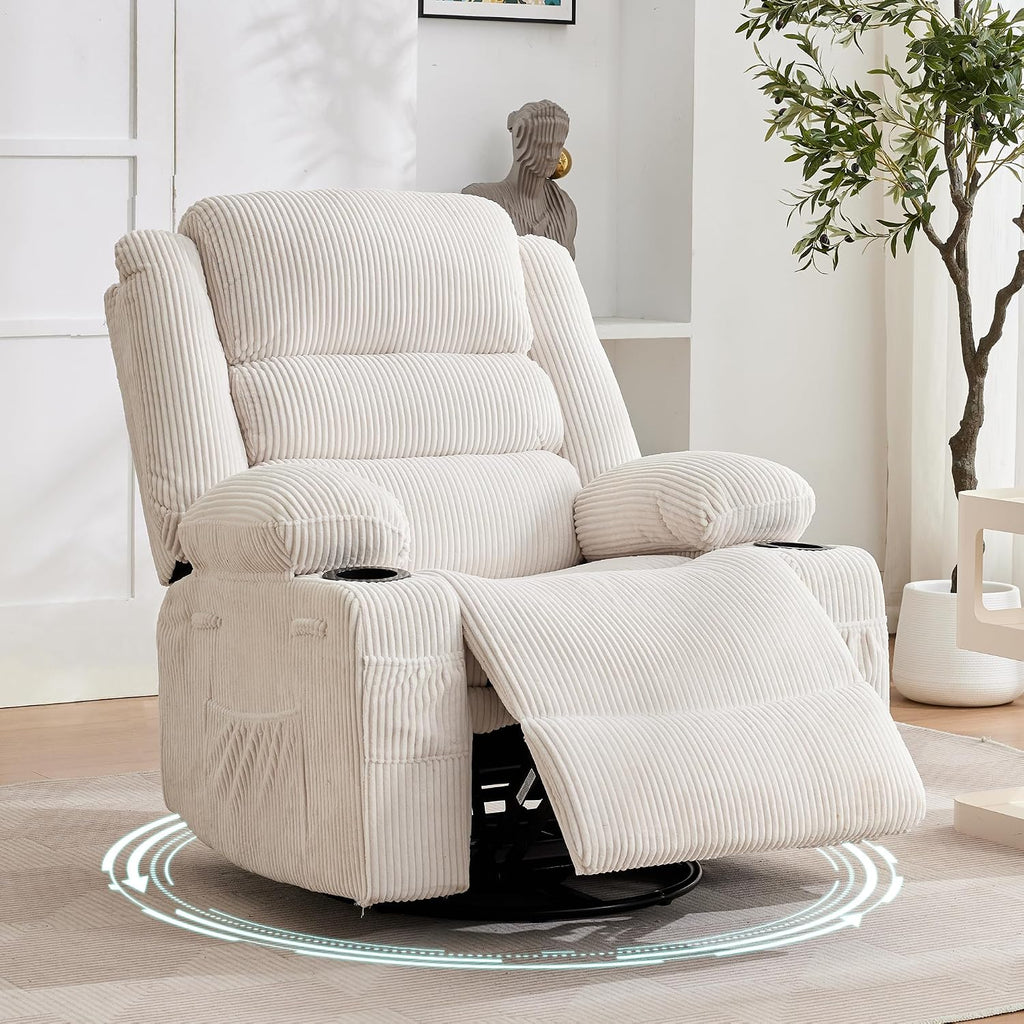 360° Swivel Rocker Recliner Chair for Adults, Rocking Manual Glider Sofa with 3 Positions, 2 Cup Holders, 4 Pockets for Nursery, Living Room, Bedroom, Office, Reading Nook