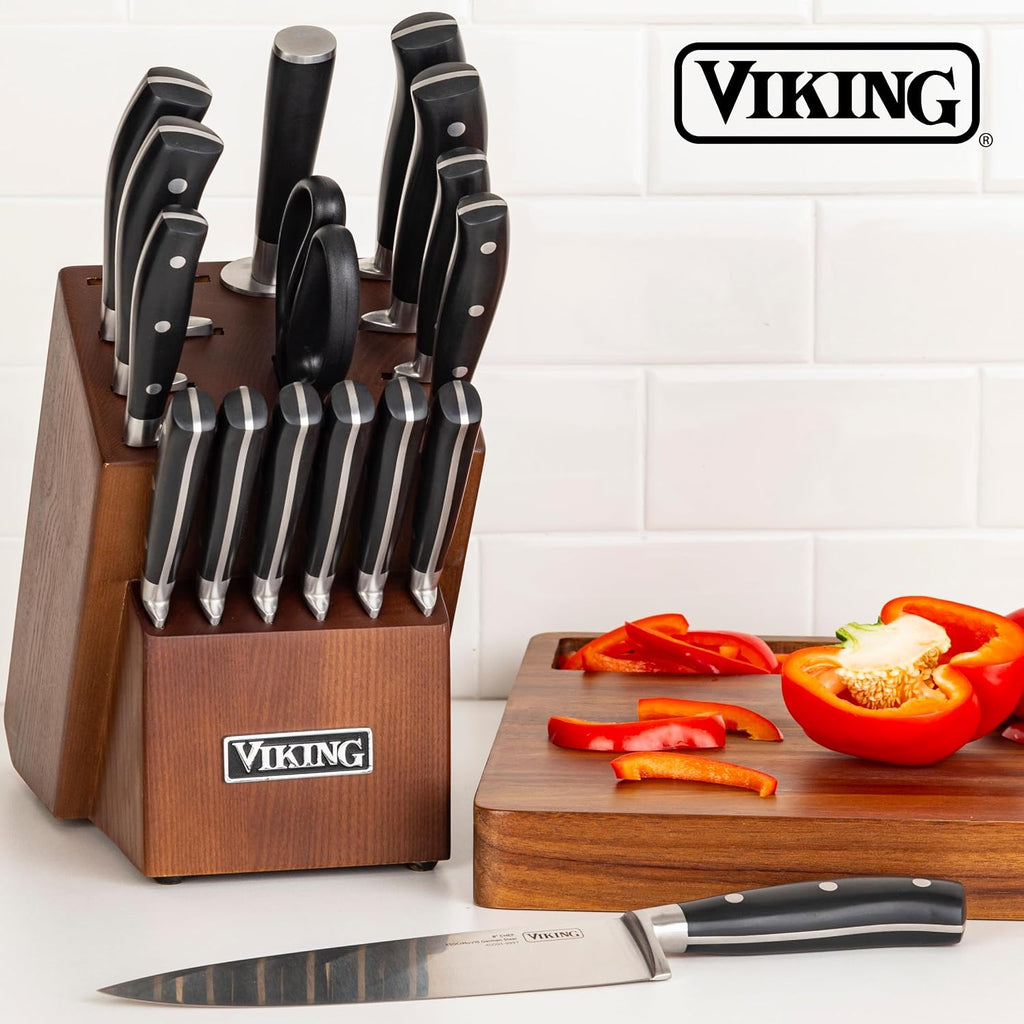 Viking 17 Piece Kitchen Knife Set with Light Walnut Block, Cutlery Set with Stainless Steel Blades and Ergonomic Handles, Dishwasher Safe