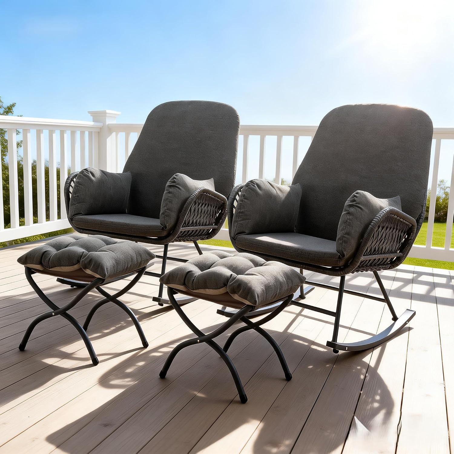 YDcosyfy Outdoor Wicker Rocking Chair with Ottoman Set of 2, Patio Rocker Chair with Cushions, Steel Frame Support, All-Weather Furniture, for Porch, Balcony, Indoor