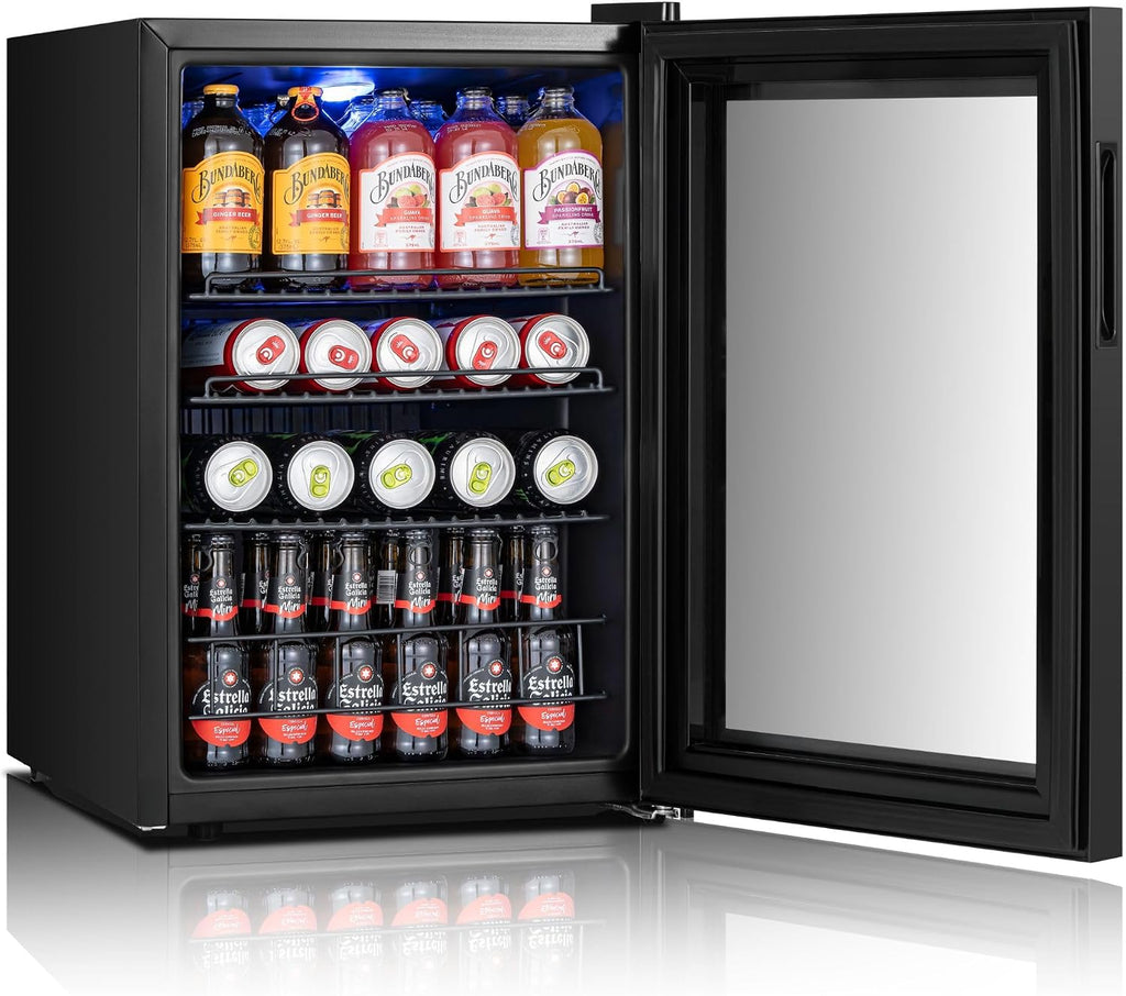 Yeego Countertop & Freestanding Beverage Fridge, 85-Can Mini Drink Refrigerator with Glass Door, Adjustable Shelves, Digital Temperature Control 34–54°F, Compact Cooler for Kitchen, Office, Bar