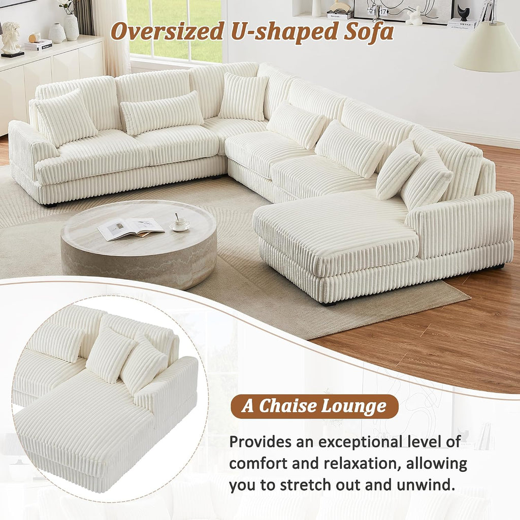 Ball & Cast 129' Oversized Sectional Sofa U-Shaped Sofa Couch with a Chaise Lounge Corduroy Modern Sofas Comfy Couches for Living Room, Beige