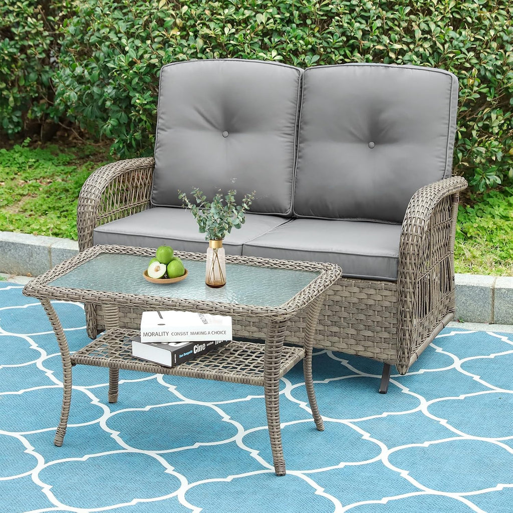 VIVIJASON 2-Piece Patio Wicker Loveseat Glider Set Cushioned, Outdoor Conversation Furniture Sets with 2-Seater Glider Rocking Bench, Coffee Table and Cushions for Porch Garden Poolside, Grey