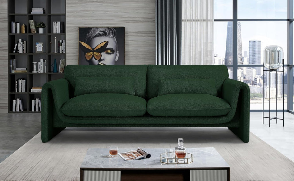 Meridian Furniture 198Green-S Stylus Collection Modern | Contemporary Boucle Fabric Upholstered Sofa with Rich Green Boucle Fabric, Curved Arms, 86' W x 38' D x 31' H, Green