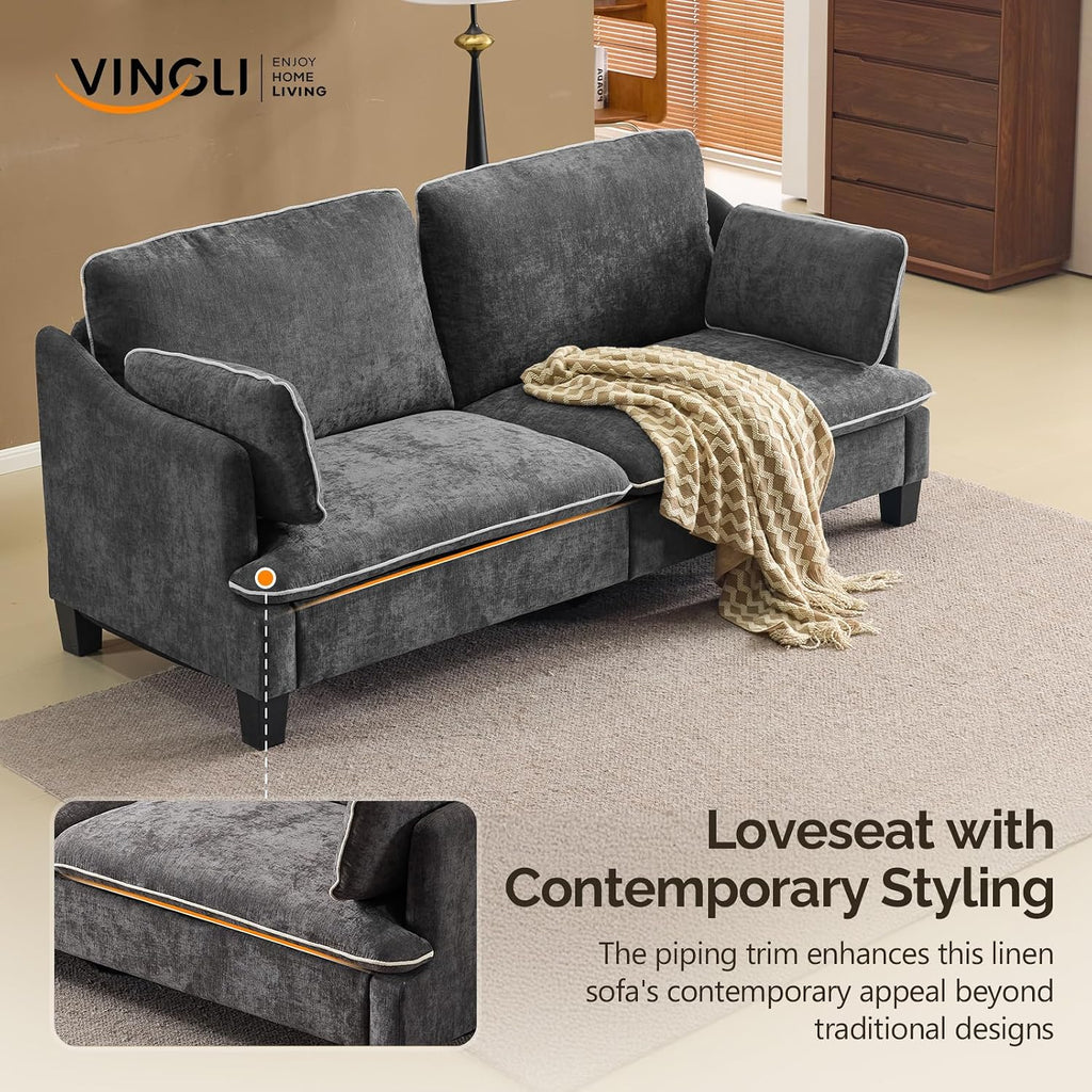 VINGLI 84' Modern Sofa Couch, Linen Velvet 2-Seater Loveseat with Piped Cushions, Removable Cover & 2 Throw Pillows, Upholstered Couches for Living Room, Apartment, Office | Piped Cushions Sofa